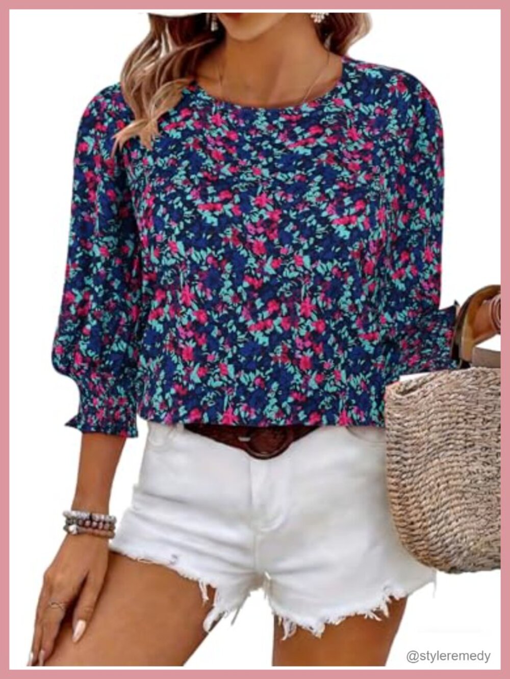 Women's 3/4 Sleeve Blouse Floral Polyester Dressy Casual Crew Neck Top